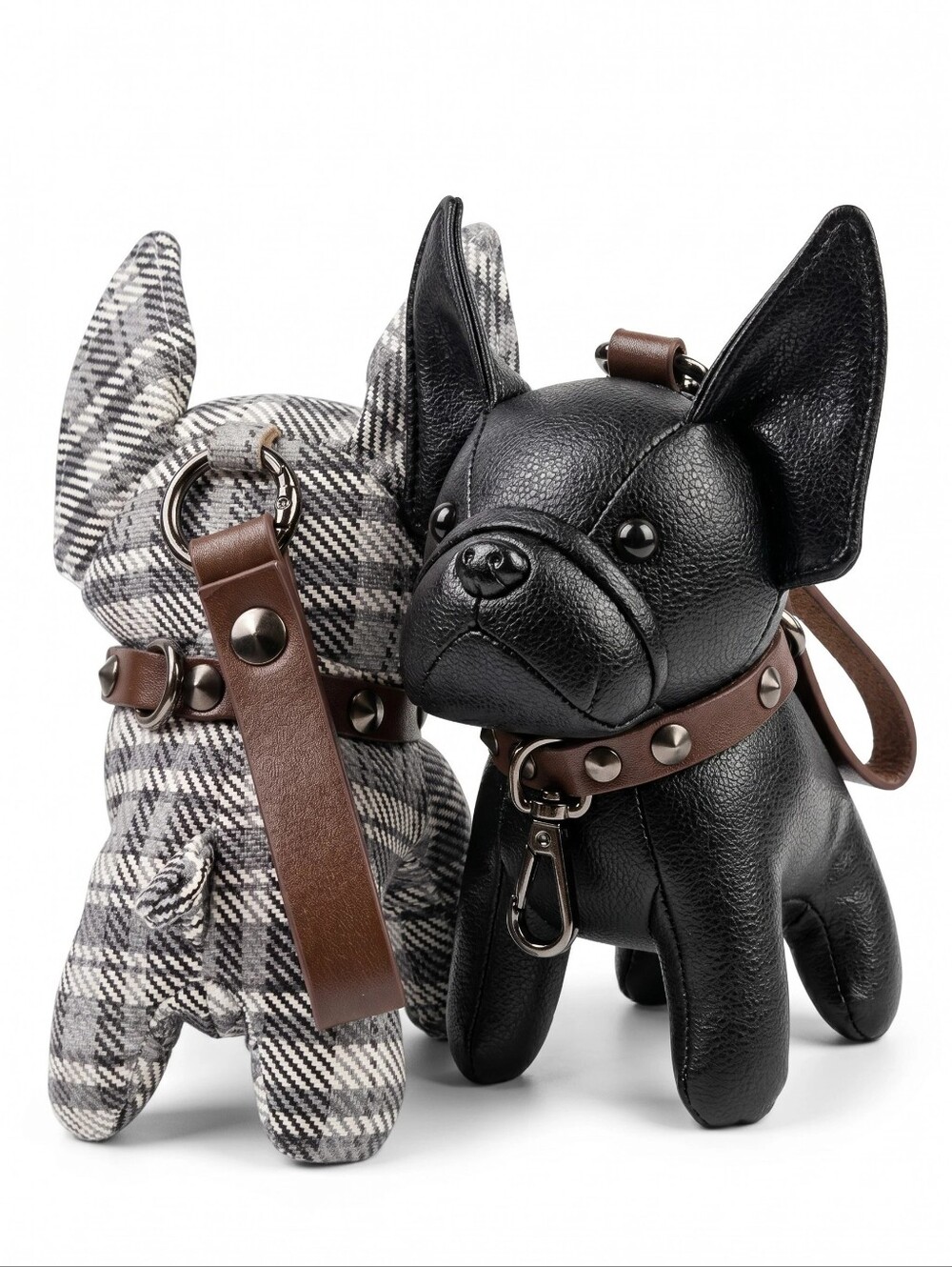 French Bull Dog Black Or Plaid Faux Leather Bag Charm - Picture 2 of 4